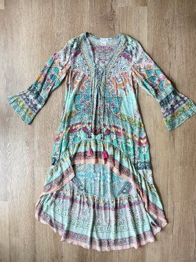 CAMILLA Short Dress High Low Hem SISTERS OF THE MARIGOLD Silk & Crystals SMALL